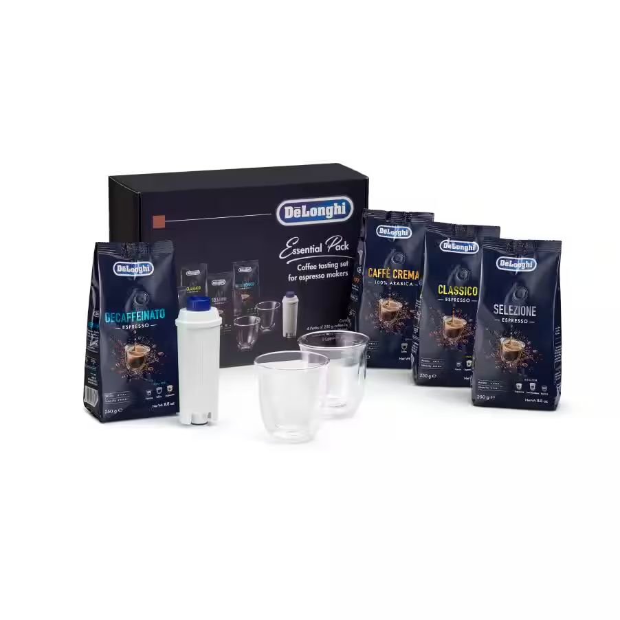 Essential Pack with De'Longhi Coffee Beans 4x250g, Cappuccino Glasses x2, and Water Filter